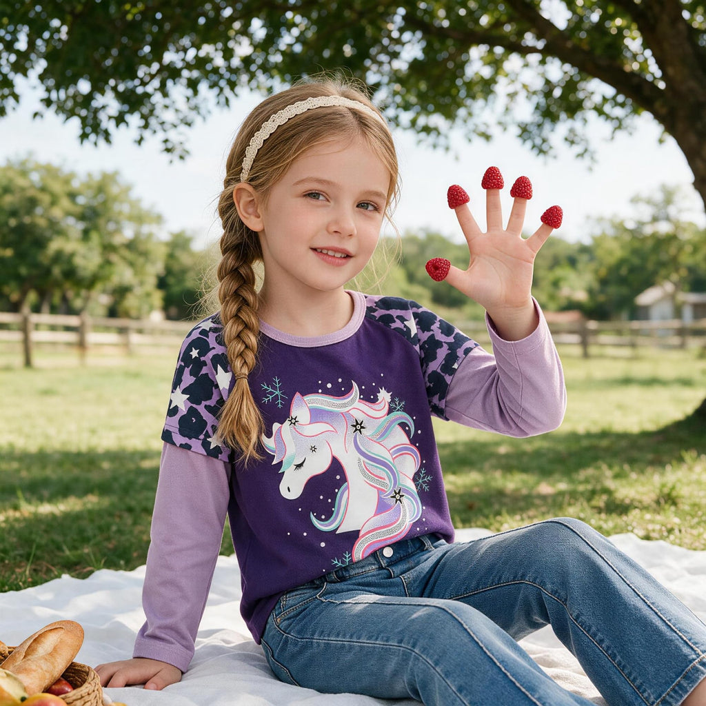 Top de Manga Larga con Unicornio Invernal para Niñas – Morado con Mangas Lila Estampadas, Algodón (2-12 Años )