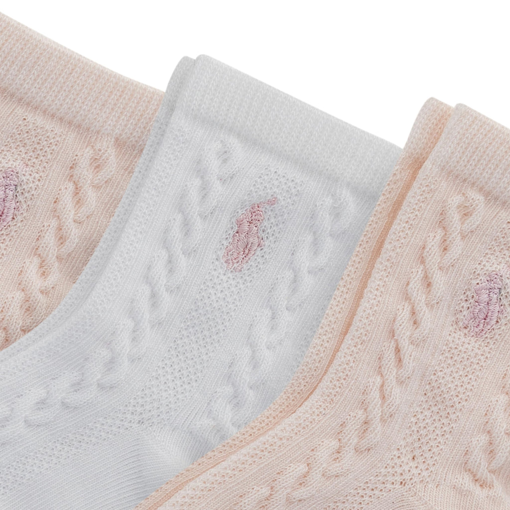 Polo Ralph Lauren | Calcetines Bebé Pack 3 Algodón Orgánico Textura Cable Rosa Suave Blanco Agarres