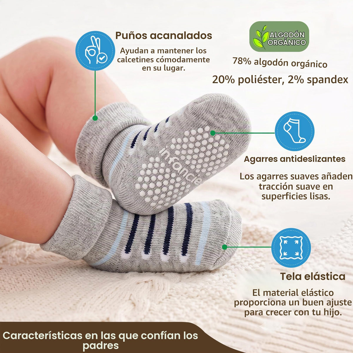 infancie | Calcetines Bebé Niño Pack 12 Algodón Orgánico GOTS Antideslizante Estampados Azul Gris 0-12 Meses
