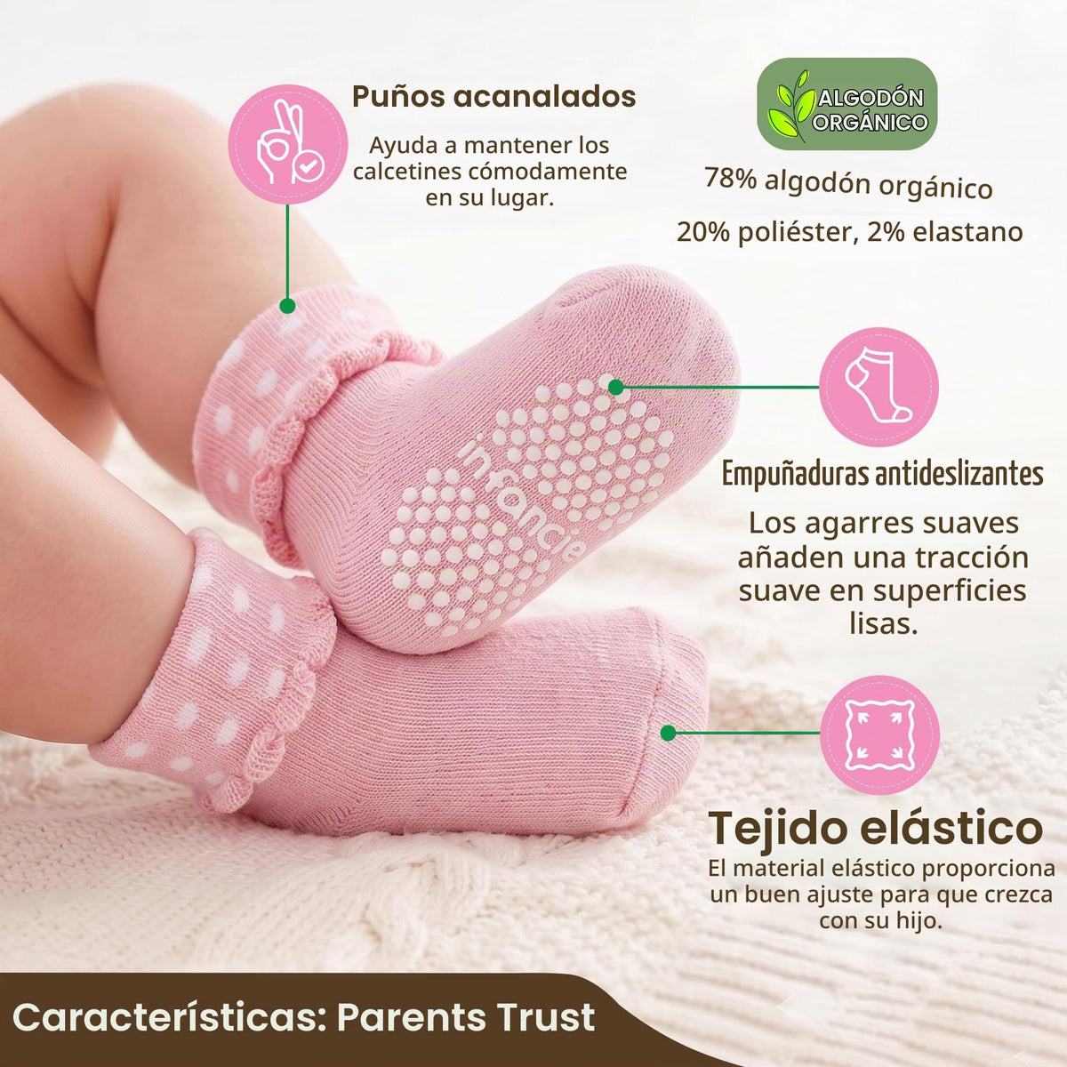 infancie | Calcetines Bebé Niña Pack 12 Algodón Orgánico GOTS Antideslizante Estampados Rosa 0-12 Meses