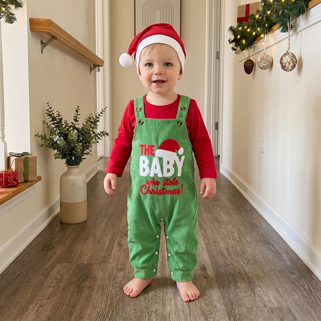 The Baby Who Stole Christmas Red | Conjunto 3 Piezas Bebé — Body Rojo + Overol Verde + Gorro Papa Noel