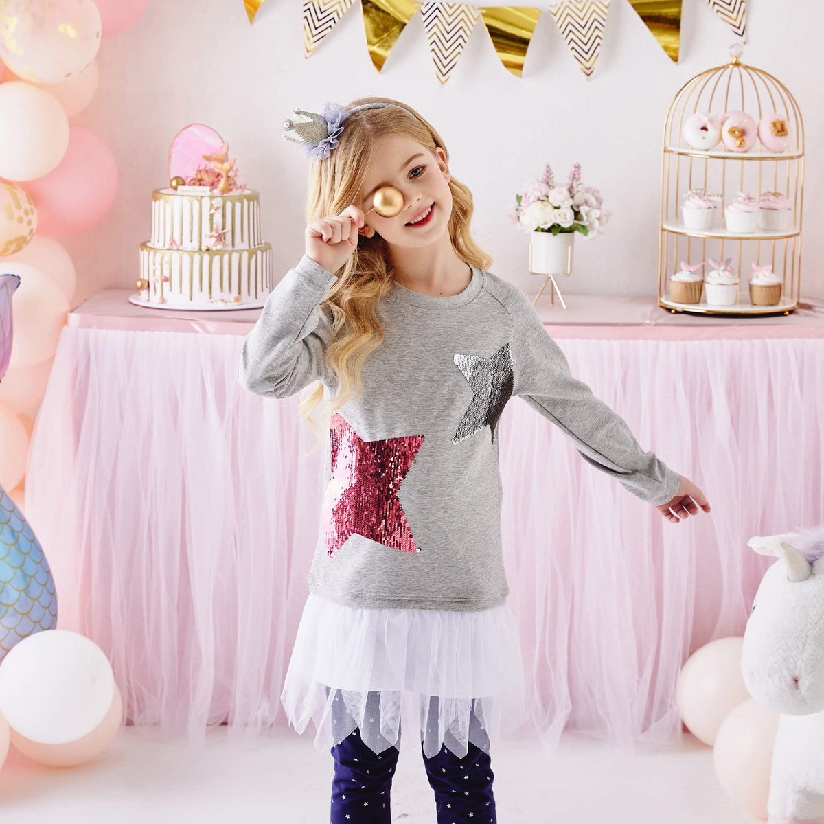 Top de Manga Larga con Lentejuelas para Niñas – Algodón Gris con Tul (3 - 12T)