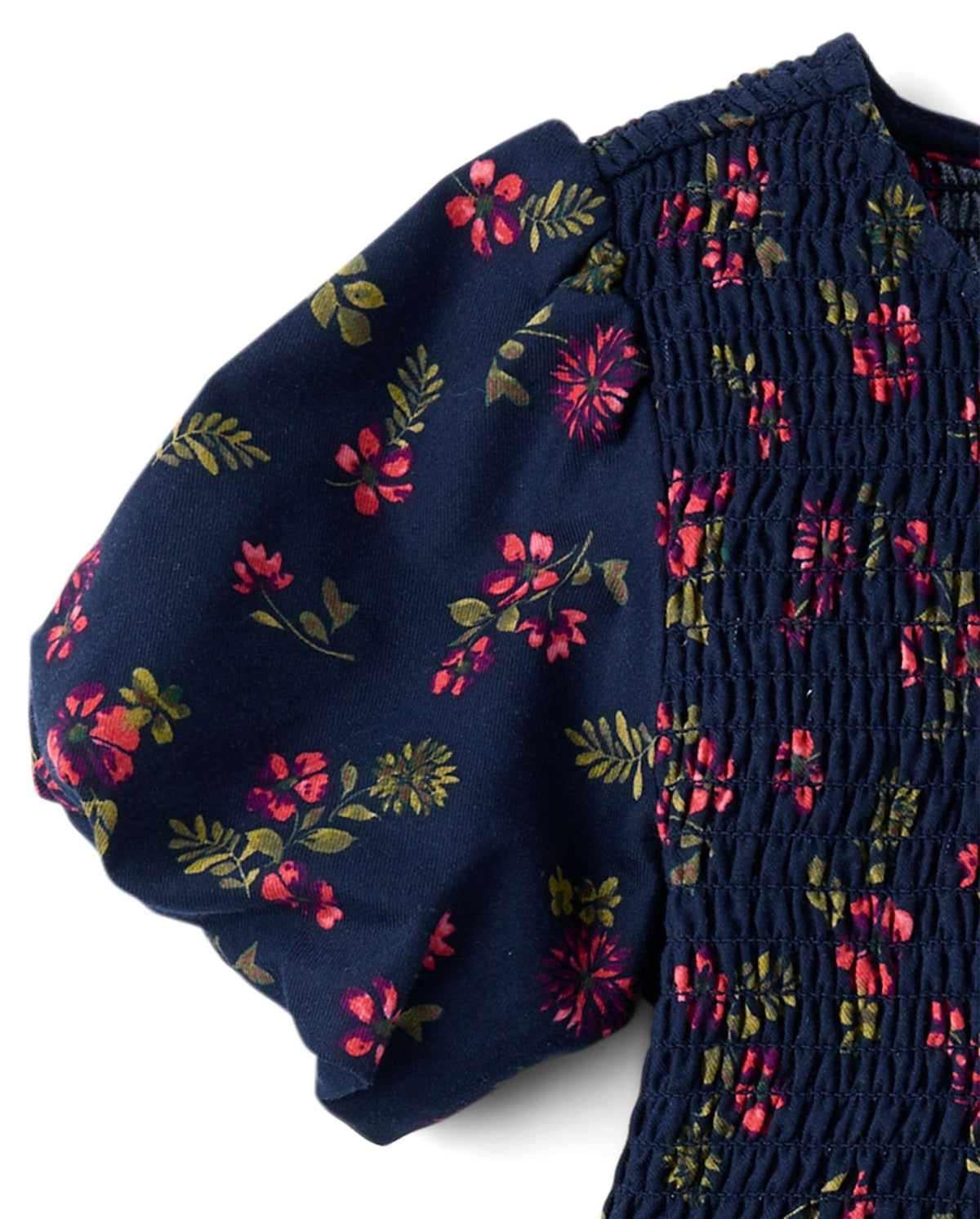 Vestido Burbuja Niña Gymboree | Franela 100% Algodón + Floral Ditsy Navy + Corpiño Fruncido Smocked + Manga Farol (2T - 12T)