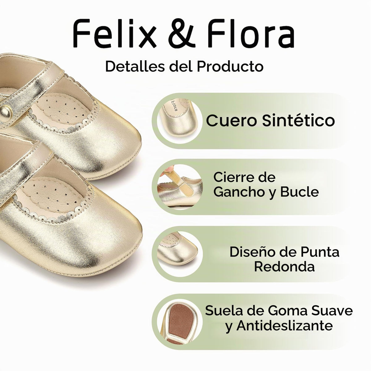 Zapatos de Vestir Antideslizantes de Suela Suave con Velcro para Bebé (Oro Brillante) – Félix & Flora