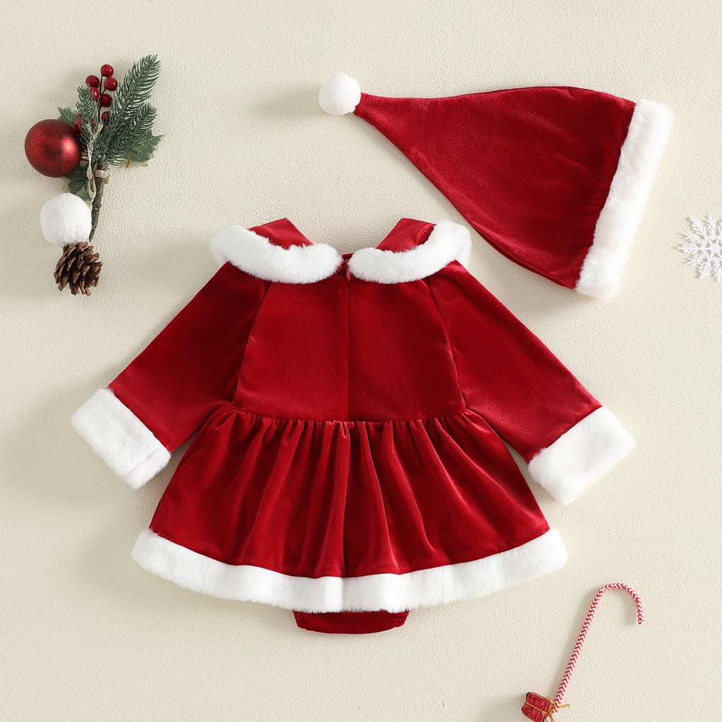 Bonangber | Mameluco Vestido Navideño Terciopelo Rojo Bebé Niña con Sombrero