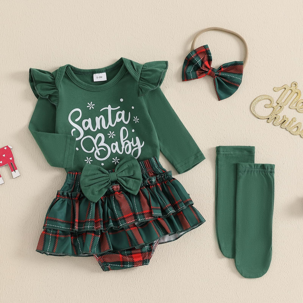 Santa Baby | Conjunto Navideño Verde Oscuro Bebé Niña Falda Cuadros + Medias + Diadema