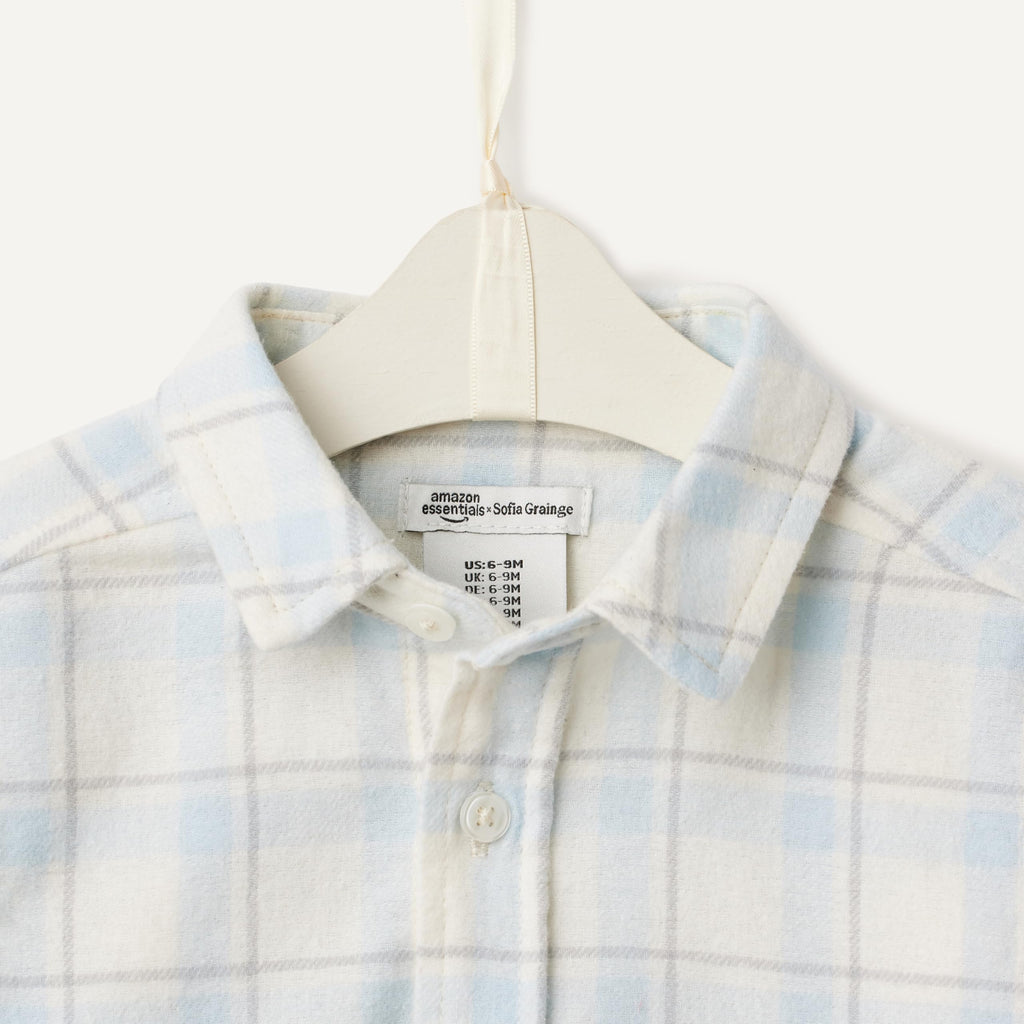 Amazon Essentials x Sofia Grainge Camisa Franela Niño | Cuadros Azul Cielo/Crema • Suave • 100% Algodón