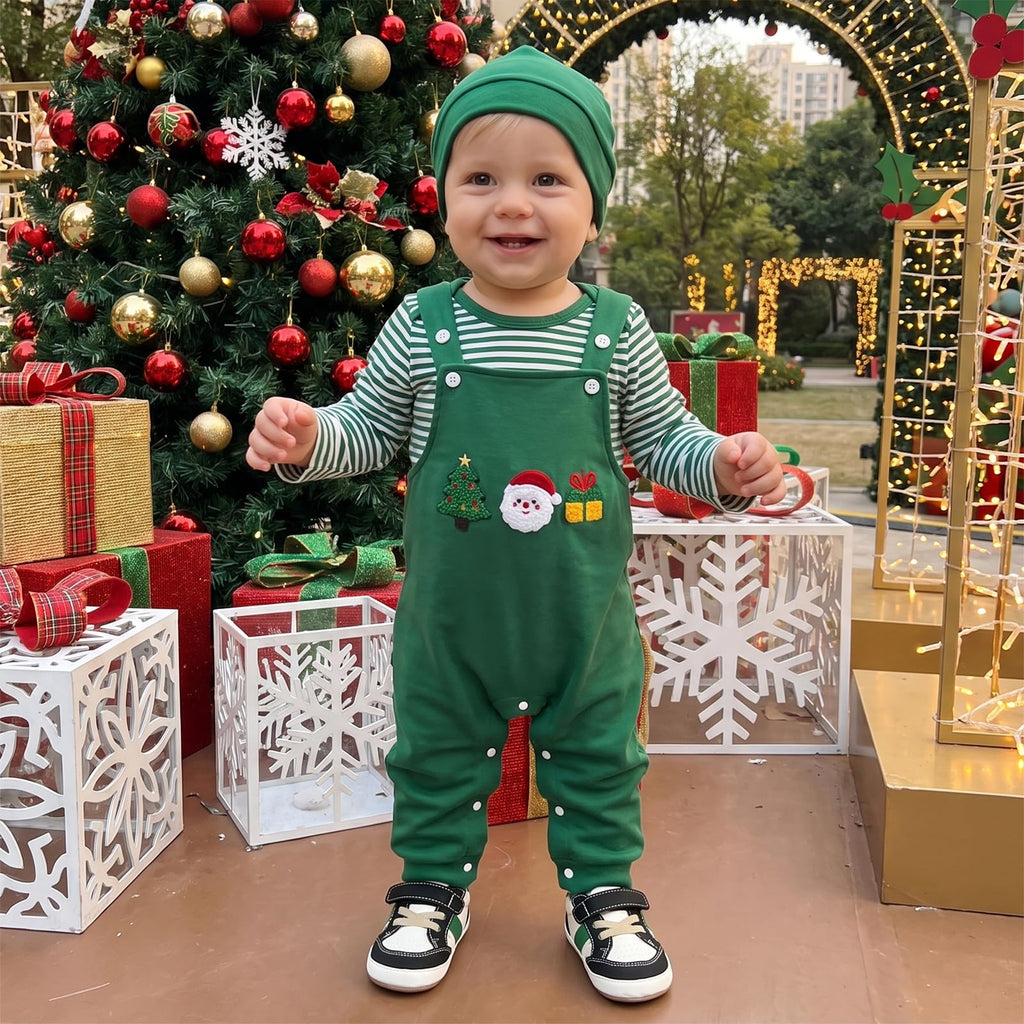 Christmas Green Newborn Set | Conjunto 3 Piezas Bebé — Body Rayas Verde + Overol Verde + Aplicaciones Navideñas + Gorro Nudo