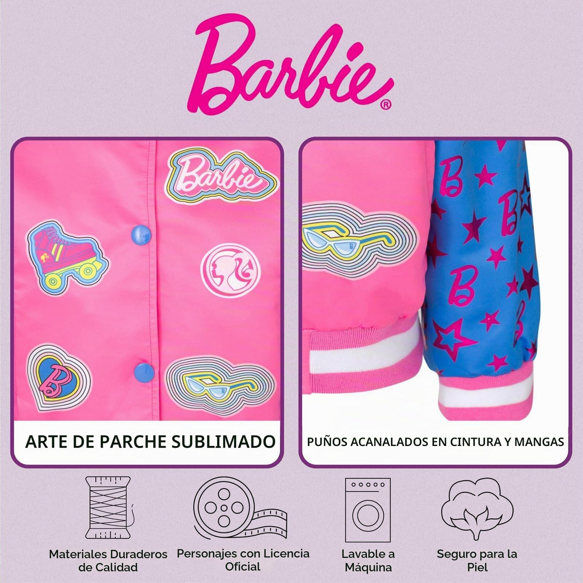 Chaqueta Bomber Varsity Barbie Oficial | Bicolor Rosa + Azul + 5 Parches Appliqüé + Mangas Raglán Estrellas | Niña (4-8T)