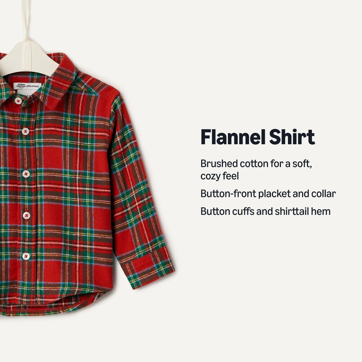 Amazon Essentials x Sofia Grainge Camisa Franela Niño | Cuadros Festivos Rojo Cereza • Navidad • 100% Algodón