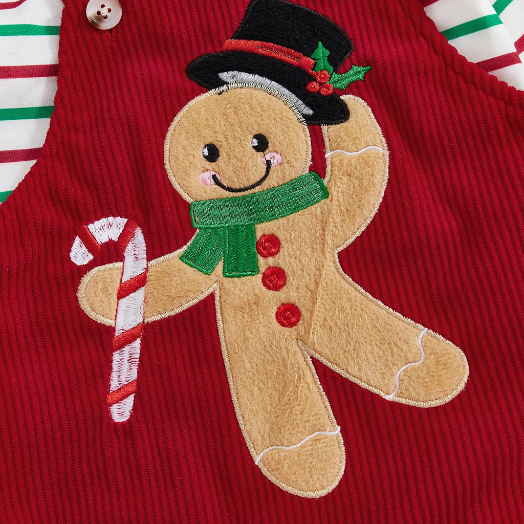 Gingerbread Newborn Set | Conjunto 3 Piezas Bebé — Body Rayas + Overol Rojo + Gorro Navideño