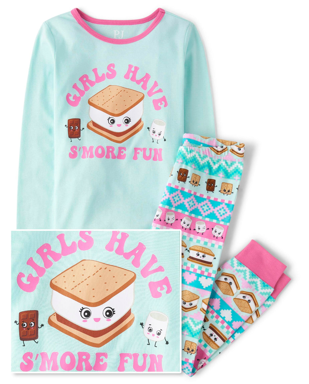 Pijama 2 Piezas The Children's Place | 100% Algodón + S'mores Kawaii “Girls Have S'more Fun” + Greca | Niña Menta/Rosa (5T, 6T, 12T, 14T, y 16T)