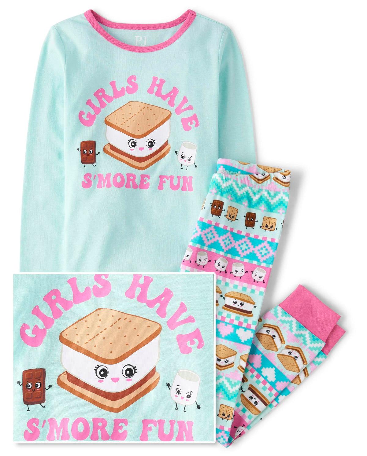 Pijama 2 Piezas The Children's Place | 100% Algodón + S'mores Kawaii “Girls Have S'more Fun” + Greca | Niña Menta/Rosa (5T, 6T, 12T, 14T, y 16T)