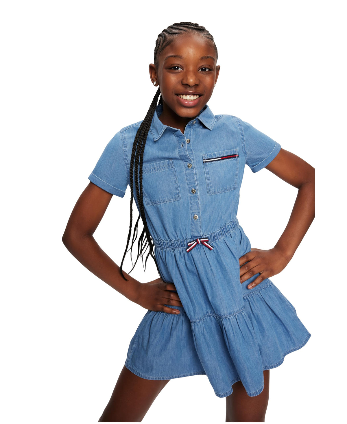 Tommy Hilfiger Vestido Camisero Chambray Niña | Azul Lavado Highline • Cordón Tricolor • Falda con Volantes