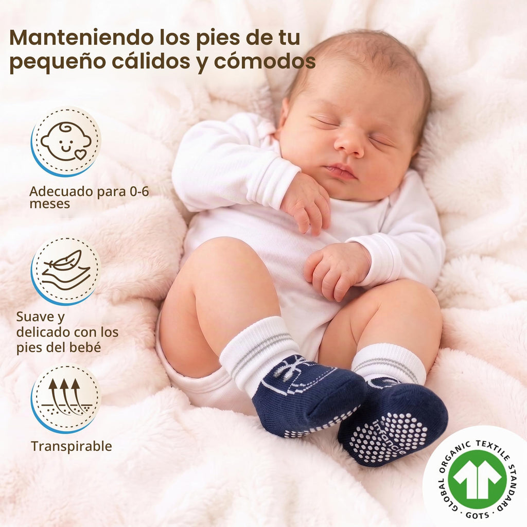 infancie | Calcetines Bebé Niño Pack 12 Algodón Orgánico GOTS Antideslizante Estampados Azul Gris 0-12 Meses