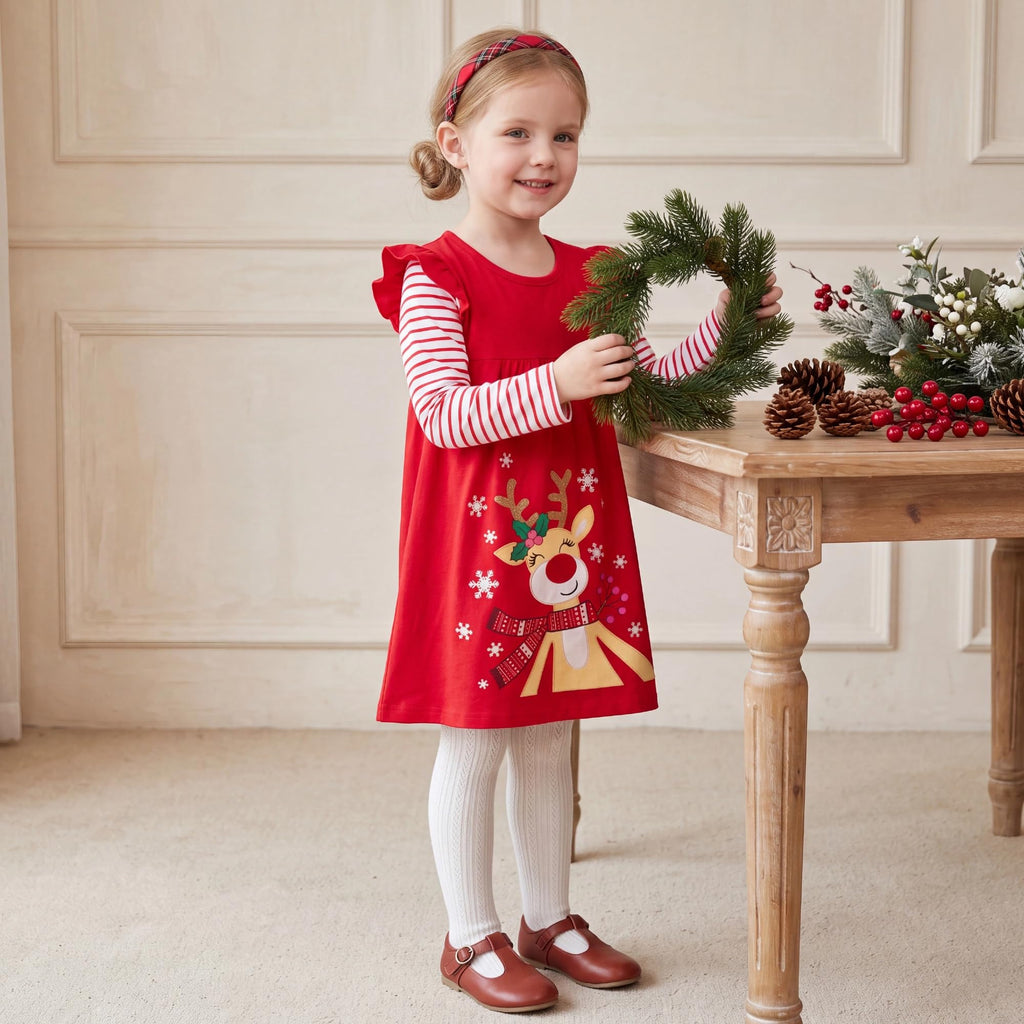 Vestido Niña | Algodón + Reno Rudolph Nariz Roja + Cuernos Dorados + Copos Nieve | Rojo/Blanco Navidad Flutter (3T - 8T)