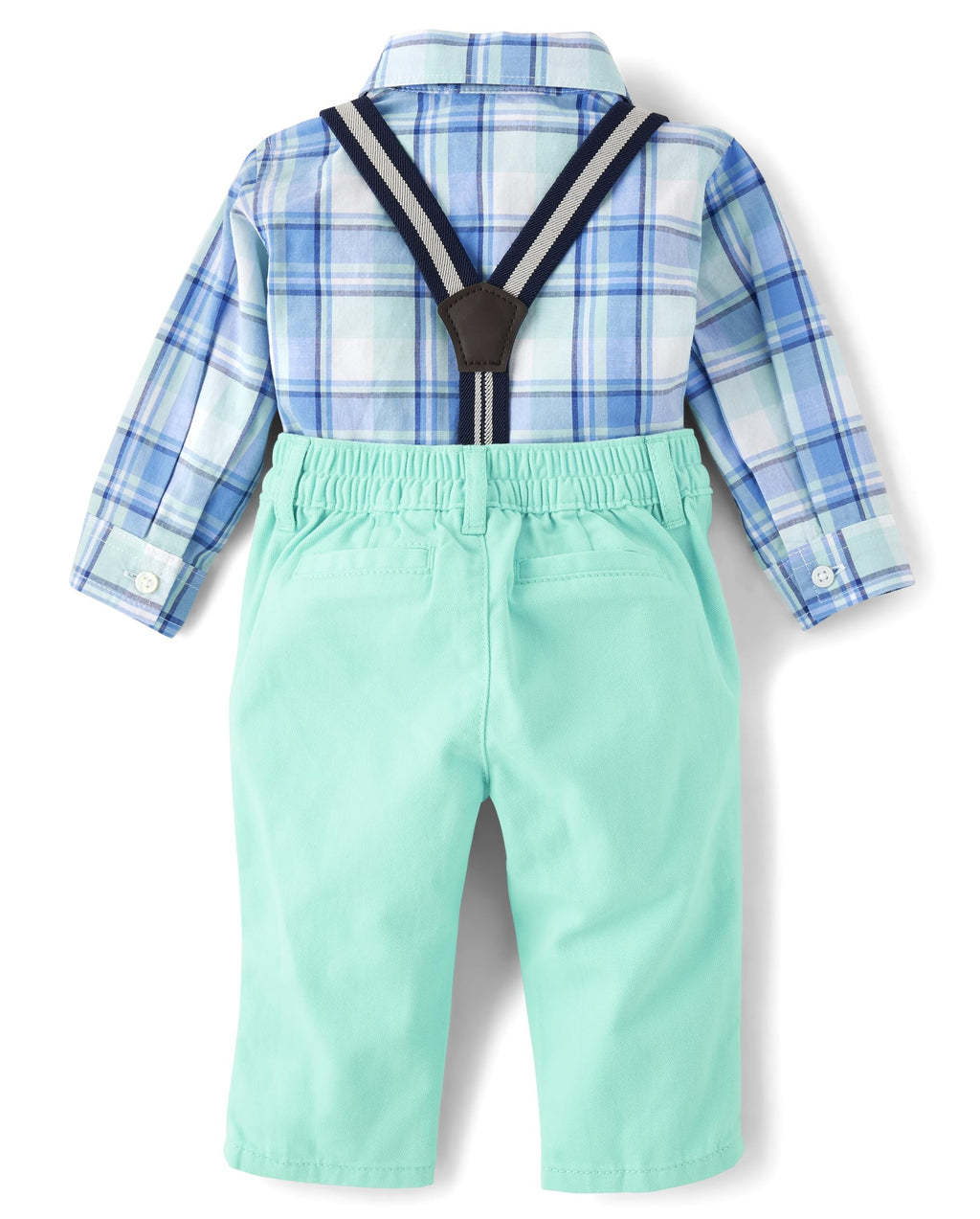 Conjunto Formal 4 Piezas The Children's Place | Bodysuit Cuadros Azul Menta + Chino Aqua + Tirantes + Pajarita Navy | Bebé Niño  (0M - 12M)