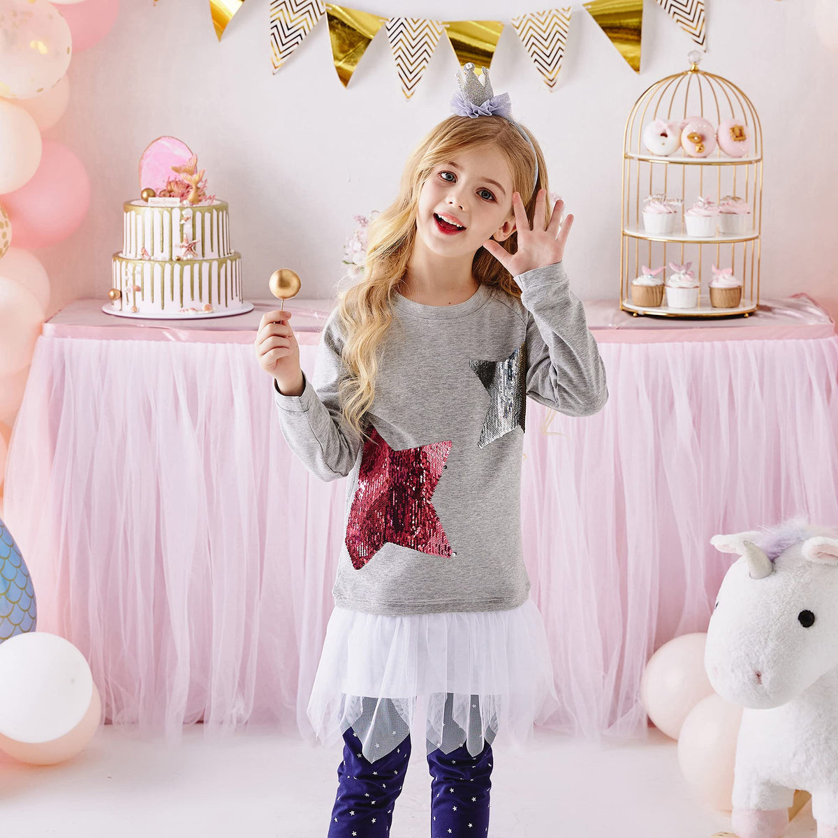 Top de Manga Larga con Lentejuelas para Niñas – Algodón Gris con Tul (3 - 12T)