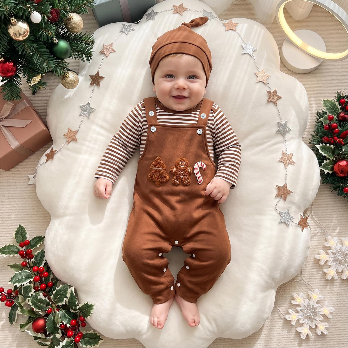 Gingerbread Cookie Newborn Set | Conjunto 3 Piezas Bebé — Body Rayas Café + Overol Café + Galleta de Jengibre + Gorro Nudo