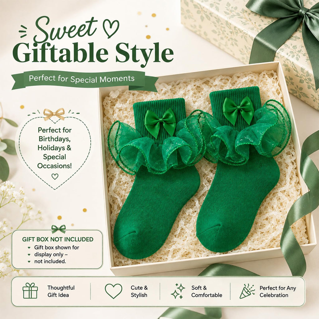 Calcetines Nina Volantes Encaje Tutu Doble Capa Lazo Cinta 3D Verde Esmeralda Algodon Organza Princesa Navidad San Patricio  (1 - 10T)
