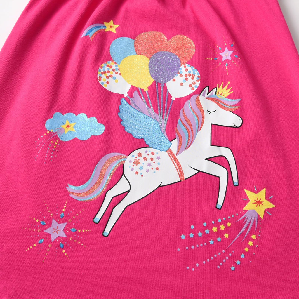 Vestido Niña Algodón + Unicornio Volando Globos Glitter + Alas Azules + Estrellas | Fucsia/Arcoíris Flutter (3T, 7T, y 8T)