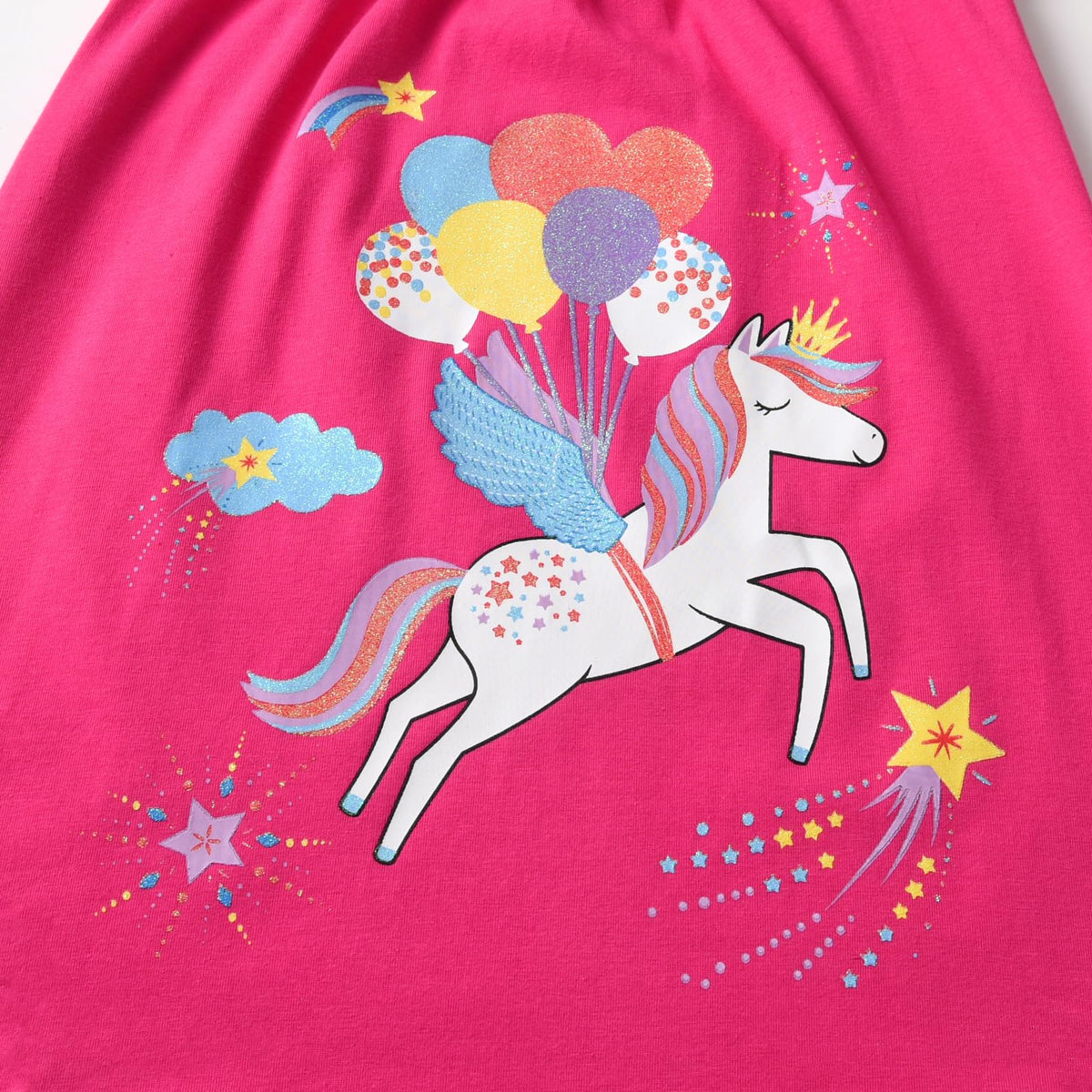 Vestido Niña Algodón + Unicornio Volando Globos Glitter + Alas Azules + Estrellas | Fucsia/Arcoíris Flutter (3T, 7T, y 8T)