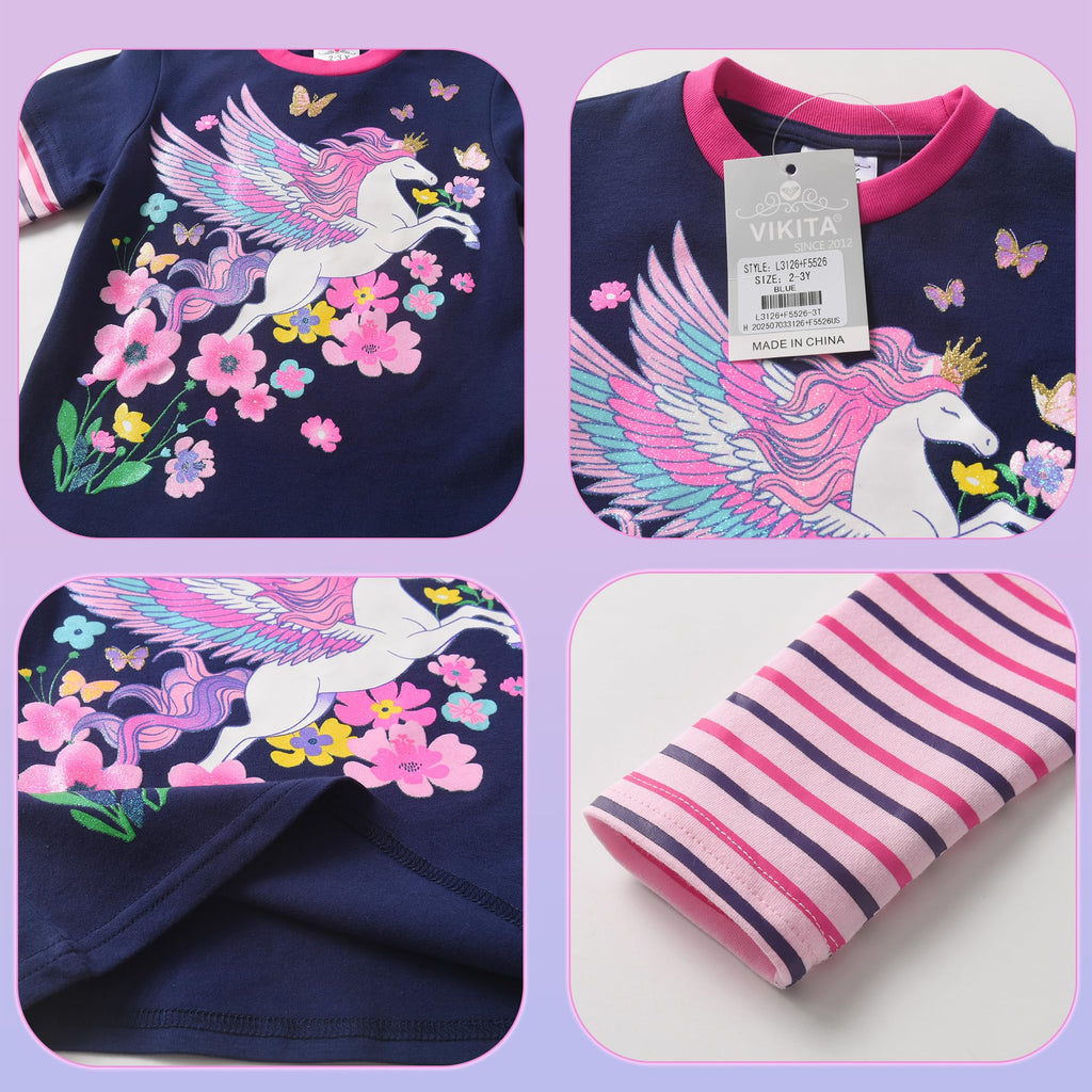 Top de Manga Larga con Pegaso para Niñas – Azul Marino a Rayas Rosa, Algodón  (2-12 Años )