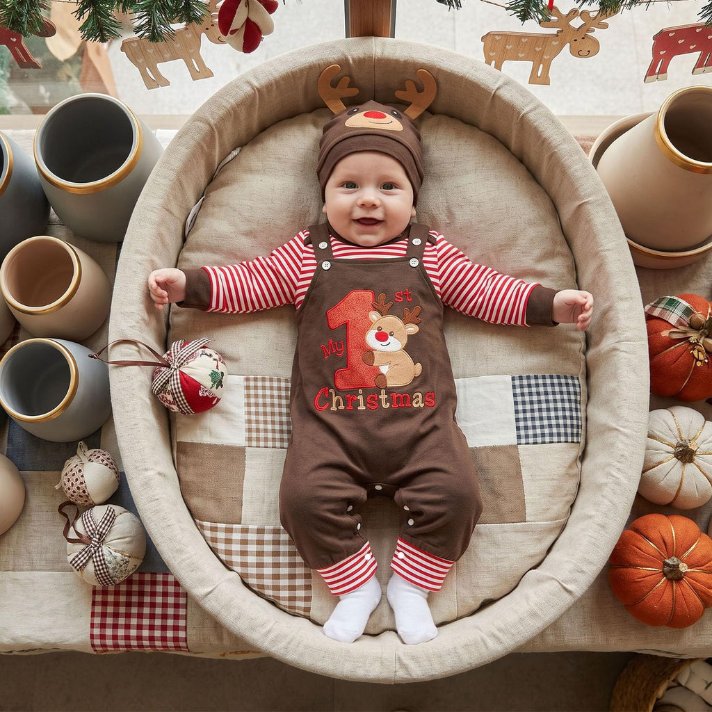 My 1st Christmas Reno | Conjunto Bebé Niño Mameluco Rayas Rojo + Peto Café + Gorro Reno