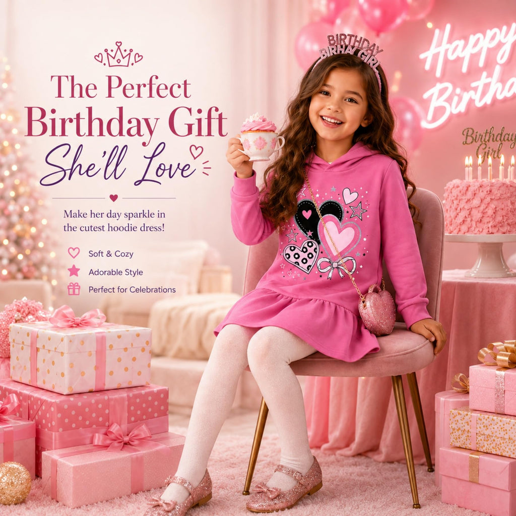 Vestido Hoodie de Corazones para Niñas – Manga Larga Rosa Fucsia con Volante, Algodón (3 - 12T)
