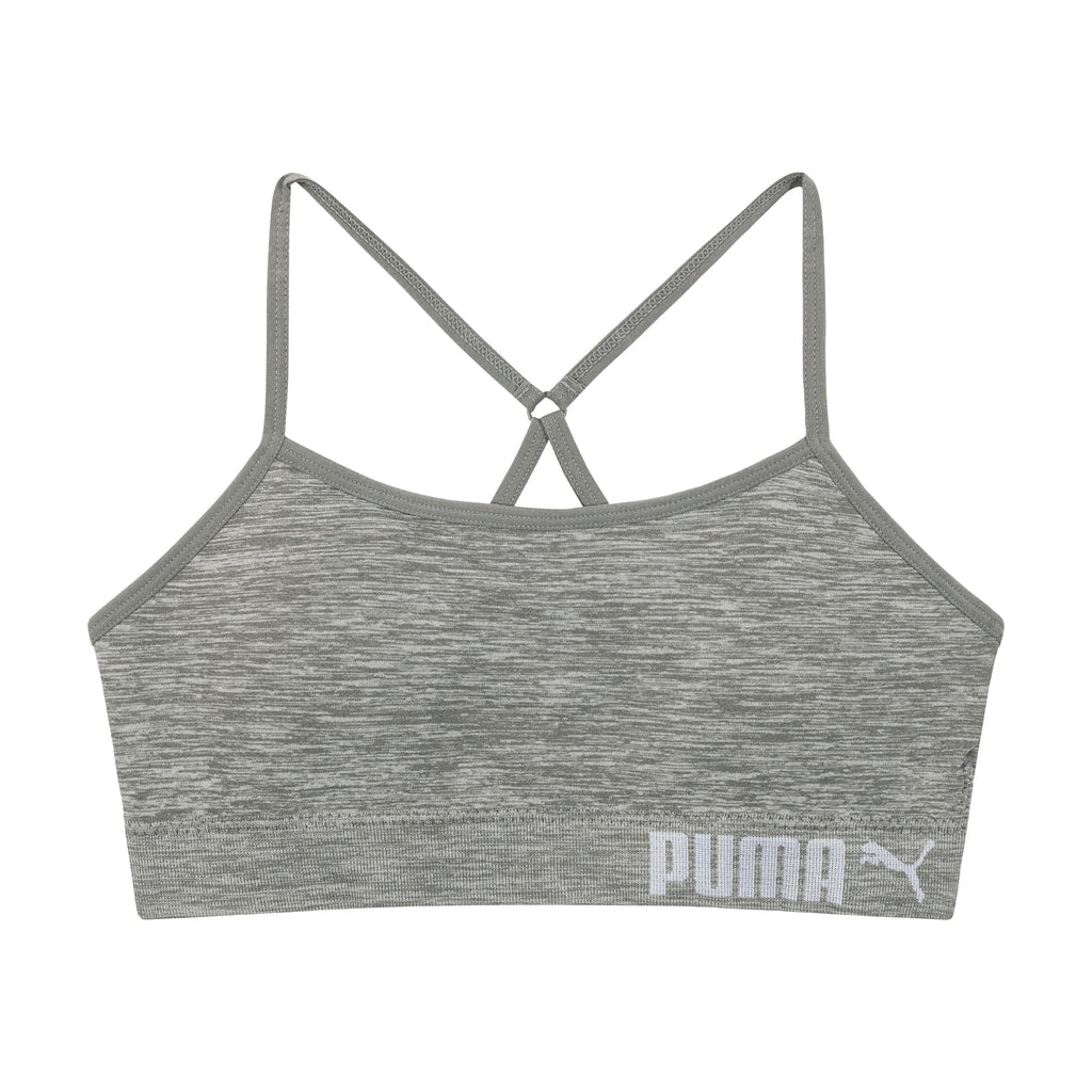 PUMA | Bralette Nina Pack 2 | 94% Nailon 6% Licra | Sin Costuras | Correas Espagueti Ajustables | Galletas Removibles | Gris Claro Jaspeado + Blanco (6 - 14T)