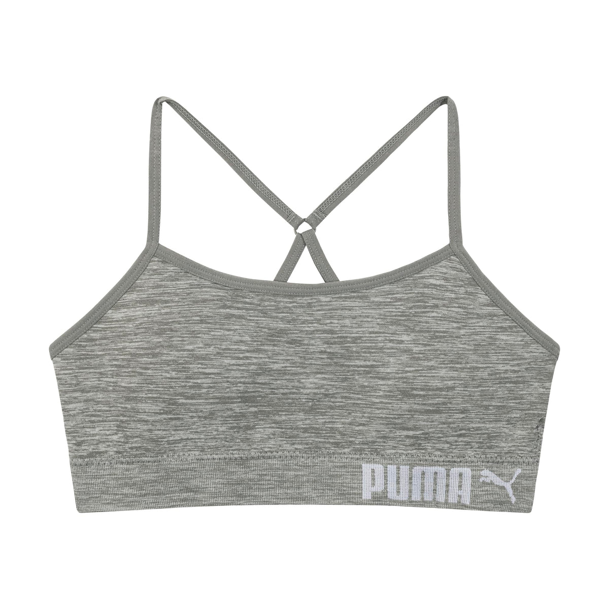 PUMA | Bralette Nina Pack 2 | 94% Nailon 6% Licra | Sin Costuras | Correas Espagueti Ajustables | Galletas Removibles | Gris Claro Jaspeado + Blanco (6 - 14T)
