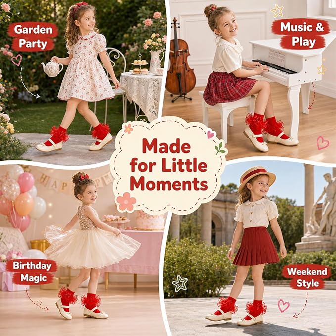 Calcetines Nina Volantes Encaje Tutu Doble Capa Lazo Cinta 3D Rojo Algodon Organza Princesa Navidad Boda (1 - 10T)