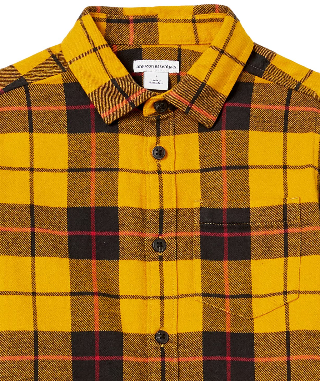 Amazon Essentials Camisa Franela Niño | Cuadros Amarillo/Negro/Rojo • Manga Larga • 100% Algodón