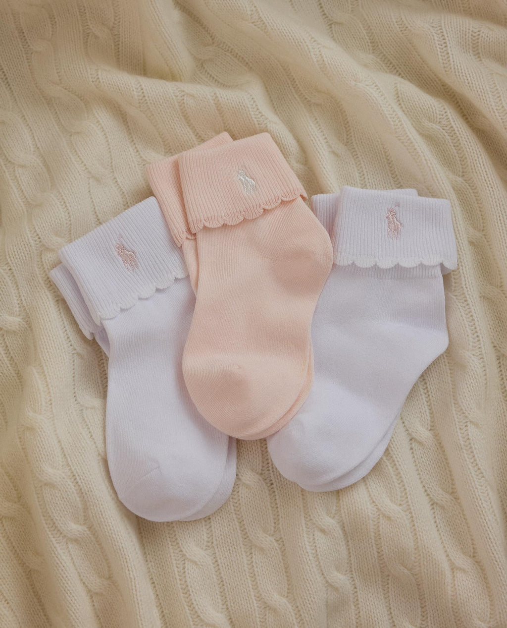 Polo Ralph Lauren | Calcetines Bebé Niña Pack 3 Algodón Rosa Suave Borde Festoneado Turn Cuff Pony