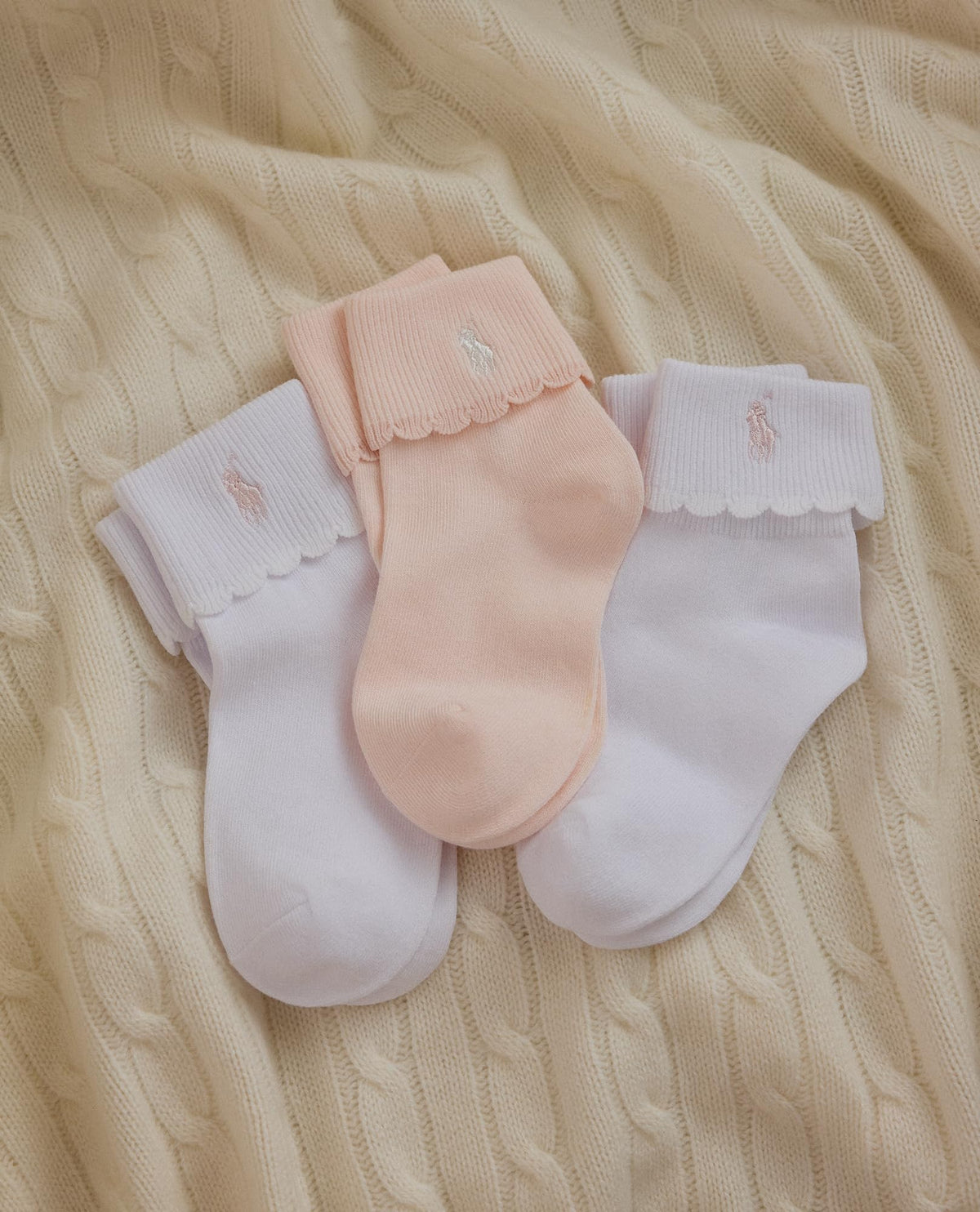 Polo Ralph Lauren | Calcetines Bebé Niña Pack 3 Algodón Rosa Suave Borde Festoneado Turn Cuff Pony