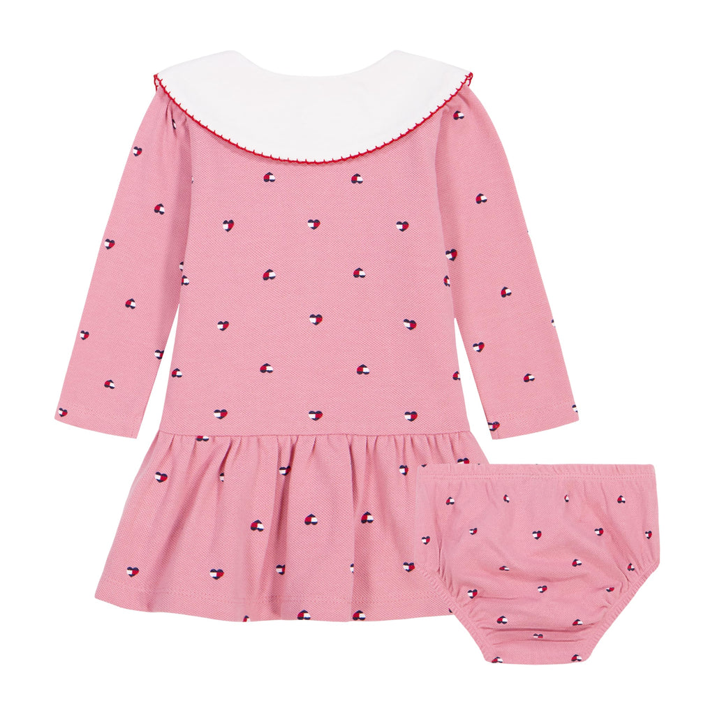Vestido + Bloomer Tommy Hilfiger | Corazones Allover Rosa | Cuello Peter Pan | Niña/Bebé | 2 Piezas