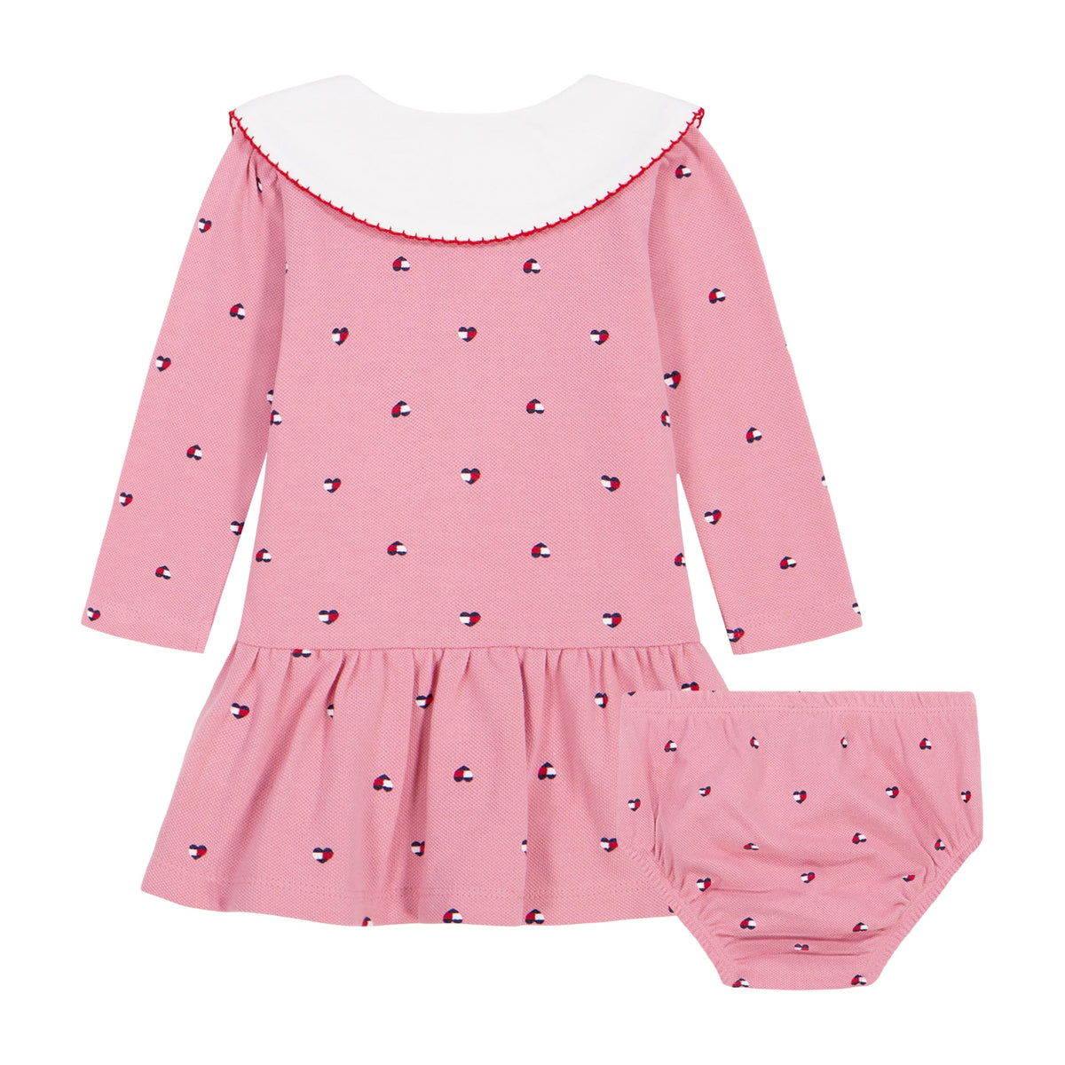 Vestido + Bloomer Tommy Hilfiger | Corazones Allover Rosa | Cuello Peter Pan | Niña/Bebé | 2 Piezas