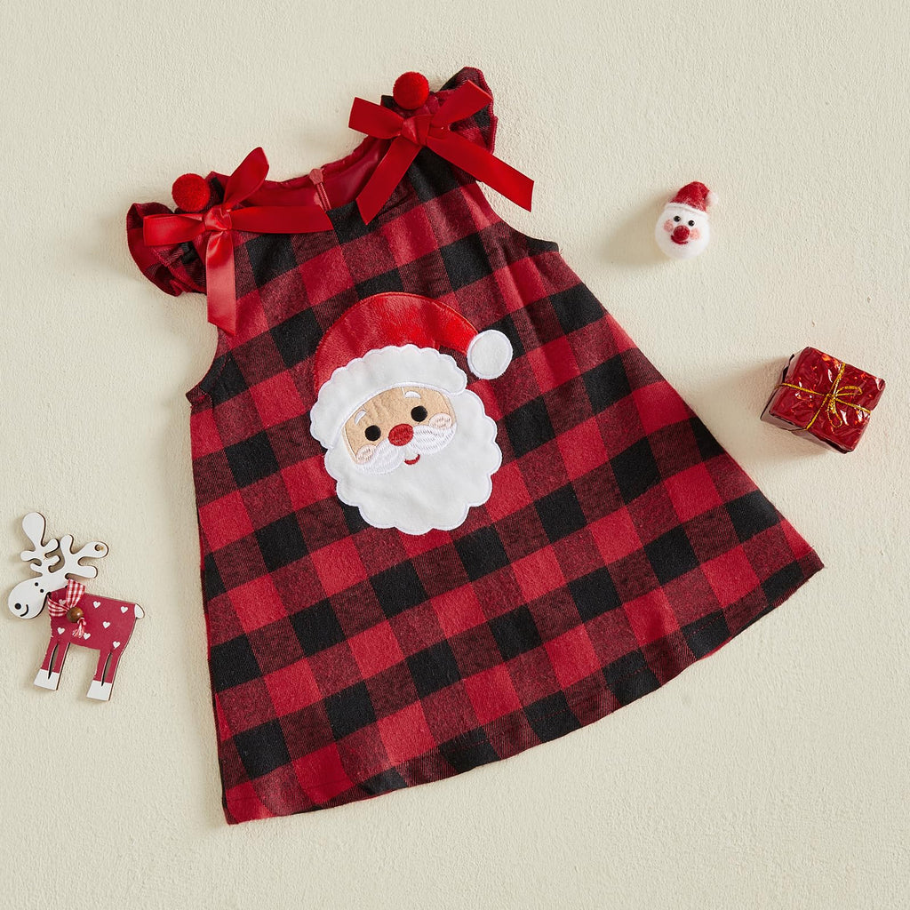 Santa Buffalo Girl | Vestido Cuadros Búfalo Rojo/Negro Niña — Manga Mariposa + Aplicación Papa Noel 3D + Lazos Rojos + Pompones