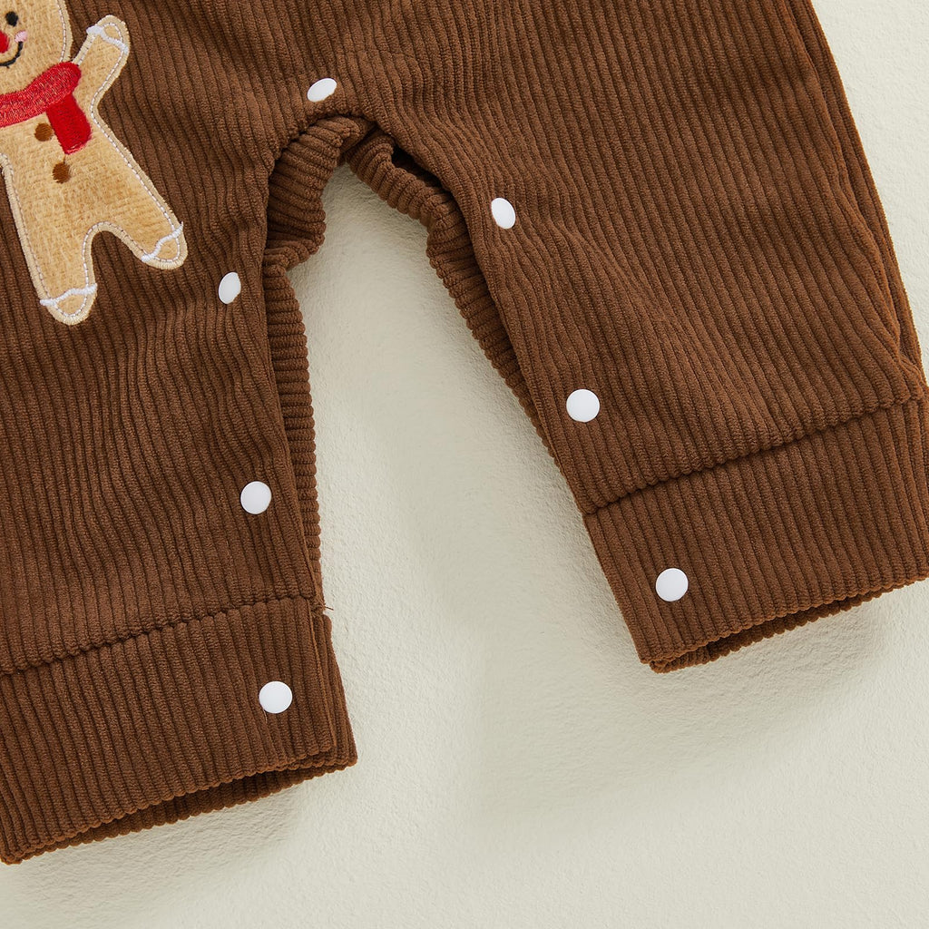 Gingerbread Pudding Boy Set | Conjunto 3 Piezas Bebé — Body Rayas Rojo + Overol Pana Café + Moño Rojo + Gorro Pudding