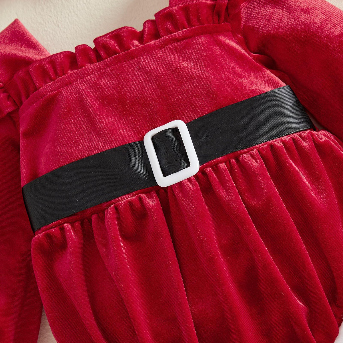 Santa Velvet Ruffle Romper | Body Terciopelo Rojo Bebé Niña — Escote Cuadrado + Mangas Volantes + Ribete Felpa + Diadema Moño