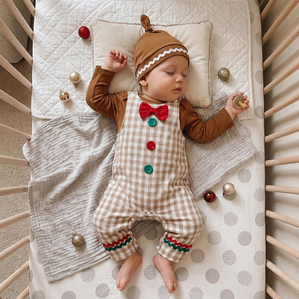 Gingerbread Boy Newborn Set | Conjunto 3 Piezas Bebé — Body Café + Overol Cuadros Beige + Gorro Nudo