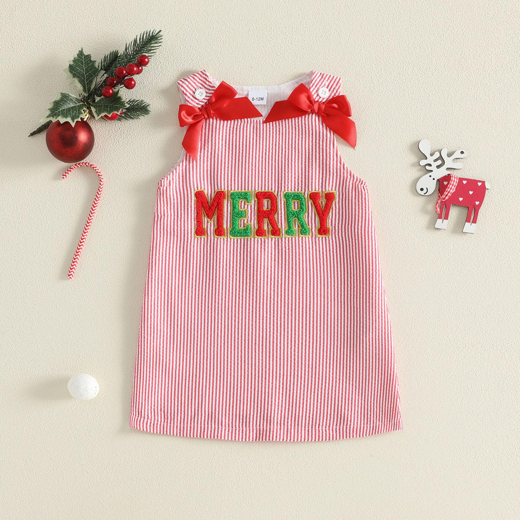 Merry Varsity Red Girl | Vestido Rayas Rojo/Blanco Niña — Sin Mangas + Cuello Redondo + Letras MERRY Chenille + Lazos Rojos