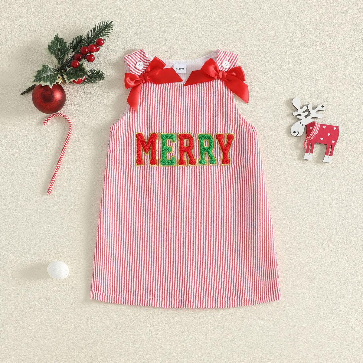 Merry Varsity Red Girl | Vestido Rayas Rojo/Blanco Niña — Sin Mangas + Cuello Redondo + Letras MERRY Chenille + Lazos Rojos