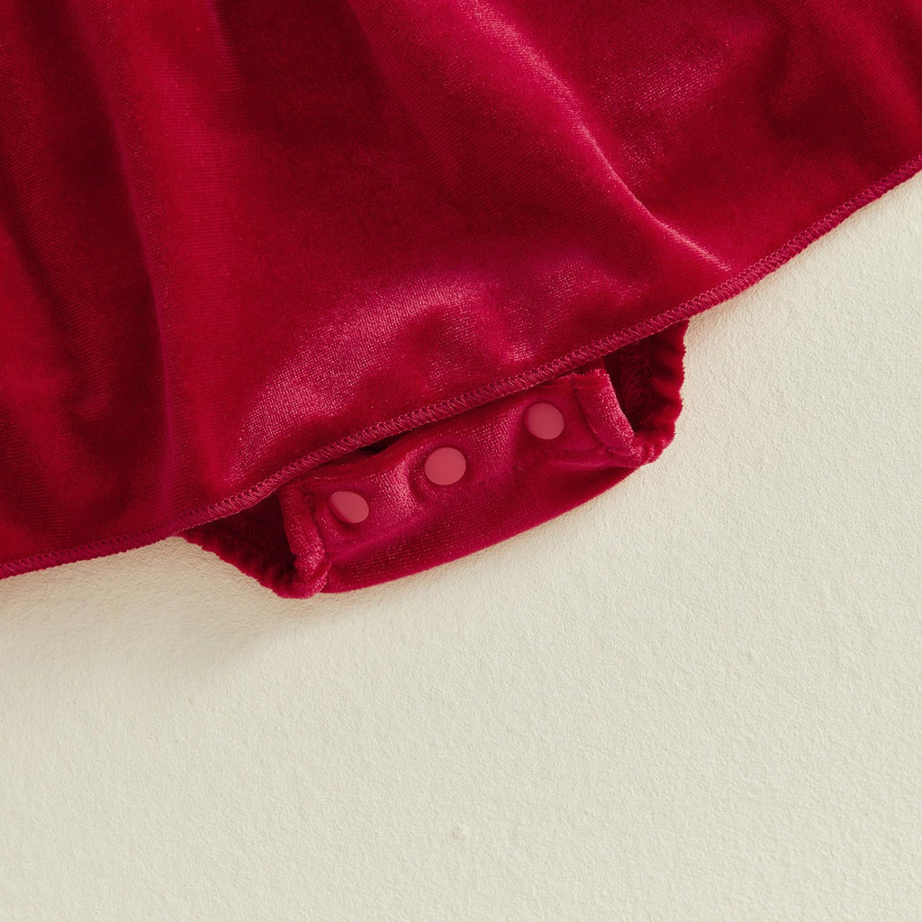 Christmas Velvet Baby | Mameluco Vestido Terciopelo Rojo Bebé Niña + Cuello Peter Pan + Bordado Arbolitos
