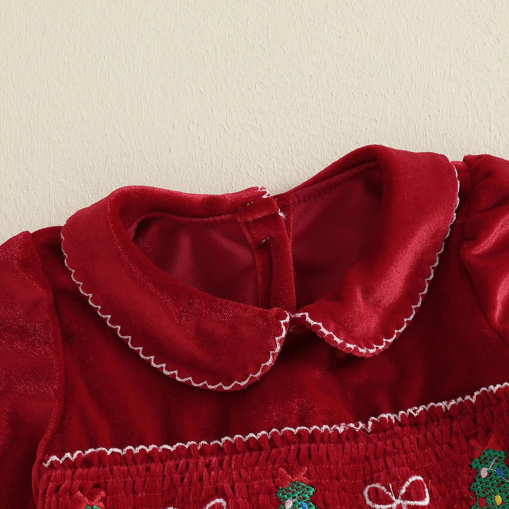 Christmas Velvet Girl | Vestido Terciopelo Rojo Niña + Cuello Peter Pan + Bordado Arbolitos Smocking
