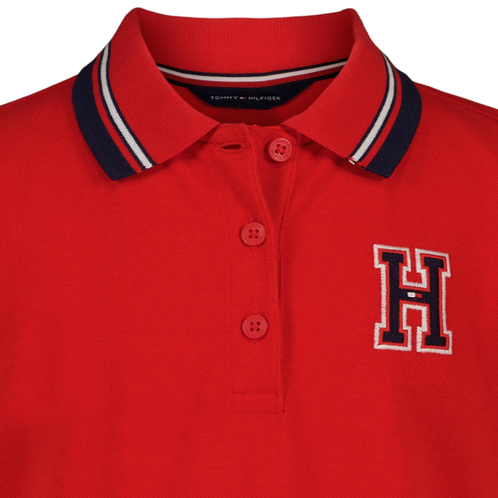 Tommy Hilfiger Vestido Polo Piqué Niña | Rojo • Parche Bordado H Varsity • Falda Plisada