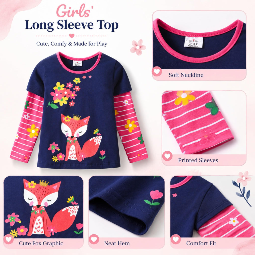 Top de Manga Larga con Zorro y Flores para Niñas – Azul Marino a Rayas Floral Rosa, Algodón, (2-12 Años )