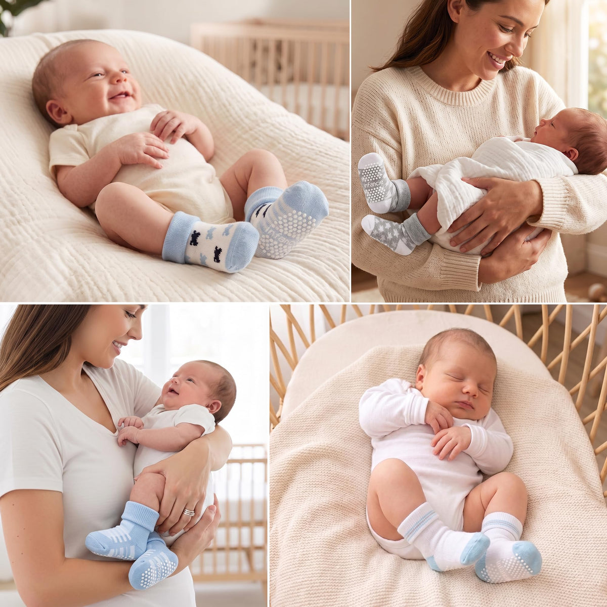 infancie | Calcetines Bebé Niño Pack 12 Algodón Orgánico GOTS Antideslizante Estampados Azul Gris 0-12 Meses