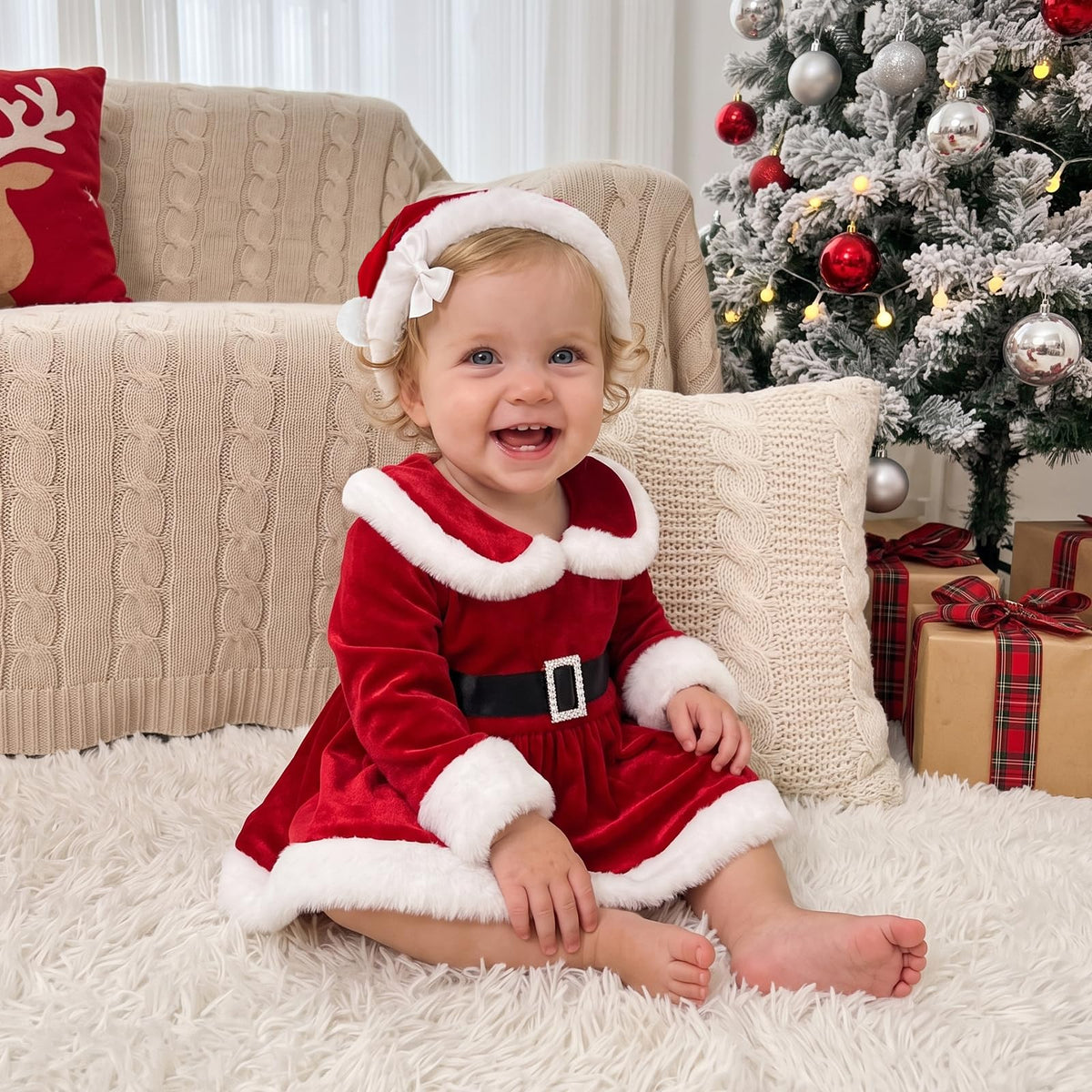 Bonangber | Mameluco Vestido Navideño Terciopelo Rojo Bebé Niña con Sombrero