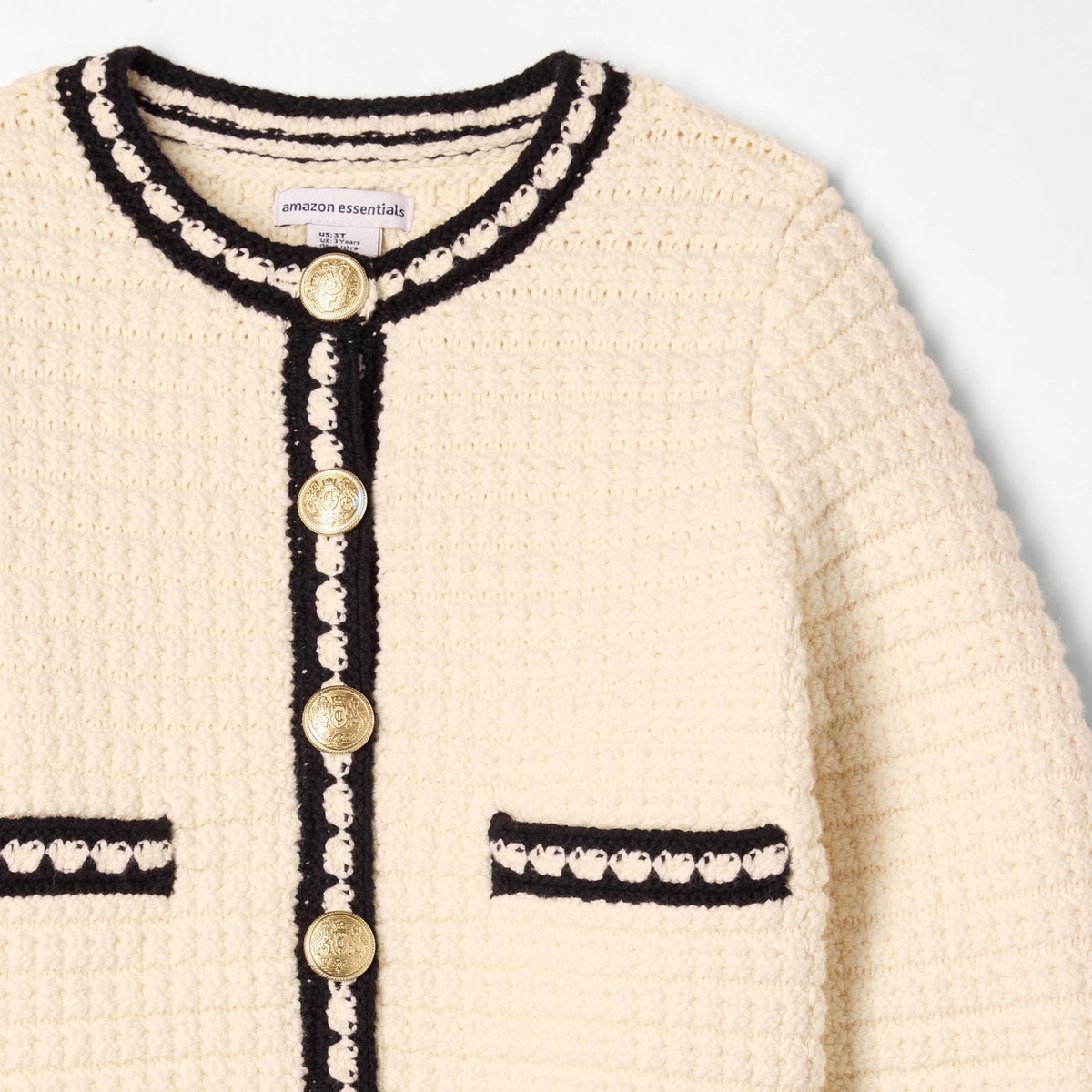Amazon Essentials Cárdigan Niña | Marfil & Negro • Estilo Chanel • Botones Dorados